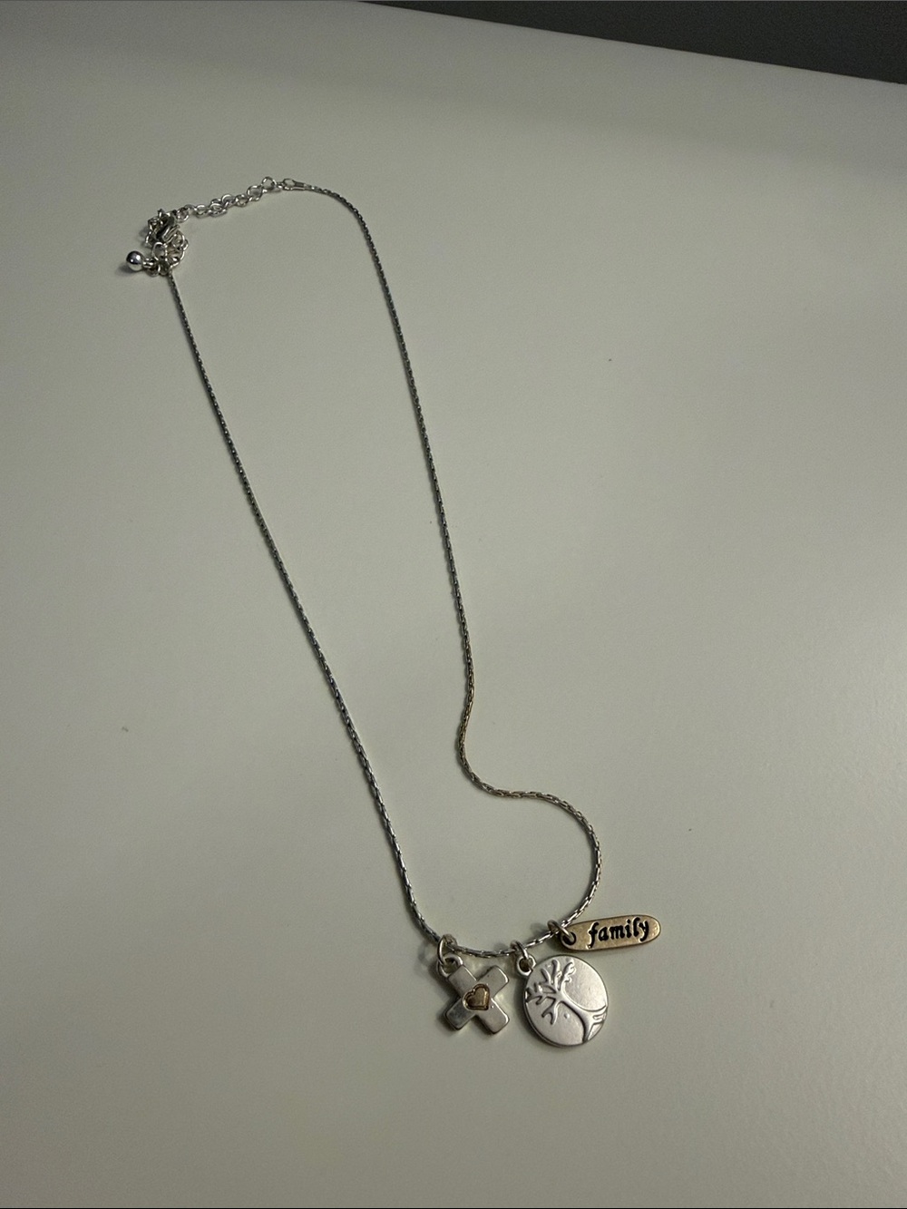 Silver Family Charm Necklace with Tree & Cross Pendants